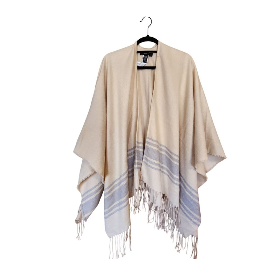 Beige & Blue Striped Fringe Open Front Poncho Wrap One Size By Forever 21